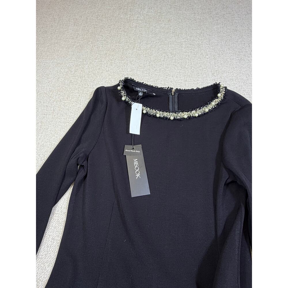 NWT Misook Women's Small Black Pearl Trim Dress 3/4 Sleeve Knit Career Elegant - Picture 9 of 11